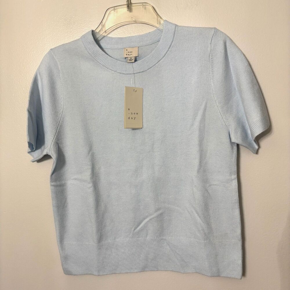 A New Day Women M Baby Blue Short Sleeve Sweater Top Soft Cashmere Feel #23